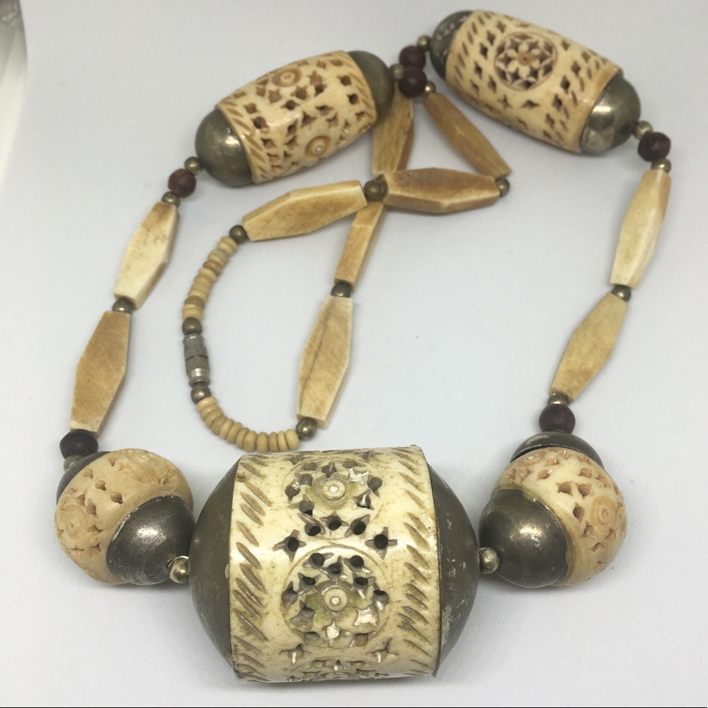 Hand made antique necklace. African bone +silver.